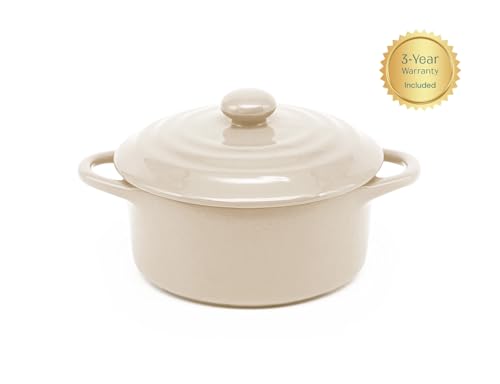 Kook Ceramic Mini Cocotte Set, Small Casserole Dishes with Lids and Handles, Individual Baking Ramekins, Oven, Microwave & Dishwasher Safe, Stoneware, 12 oz, Set of 4, Ivory