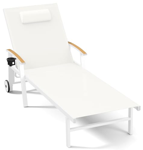 Ciokea Outdoor Lounge Chair with Pillow, 5-Position Aluminum Chaise Lounge with Wheels & Armrests, 400 lbs Heavy Duty Patio Pool Chair for Deck, Backyard, Beach & Poolside, White