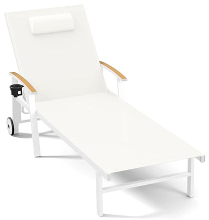 Ciokea Outdoor Lounge Chair with Pillow, 5-Position Aluminum Chaise Lounge with Wheels & Armrests, 400 lbs Heavy Duty Patio Pool Chair for Deck, Backyard, Beach & Poolside, White