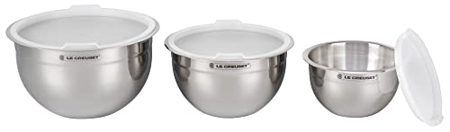 Le Creuset Set of 3 Nested Mixing Bowls w/Nonslip Silicone Base & Plastic Air Tight Lids