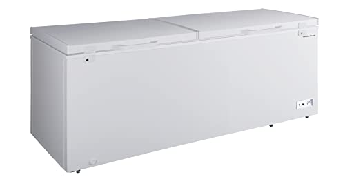 Hamilton Beach HBFRF2129 21 cu ft Double Door LID Garage-Ready Chest Freezer-White, Vinyl-Coated Baskets, Space-Saving Flat Back, Stay-Open, Front-Access Drain, for Storage, Hunting, Large Family