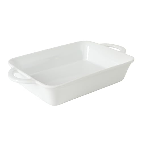 Gibson Home Gracious Dining 2.5-Quart White Stoneware Baking Dish with Handles – 14.6 x 8.5-Inch Rectangular Oven Safe Casserole & Roasting Baker