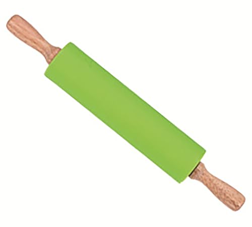 Silicone Rolling Pin, Green 9 Inch Pin with Wooden Rotatable Handle for Dough of Baking Bread, Cookie, Pizza (green, 9 inch)
