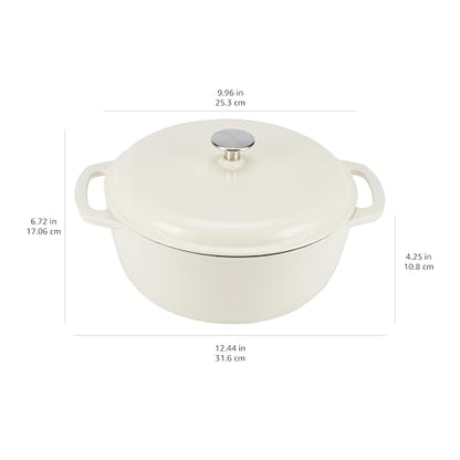 Amazon Basics Enameled Cast Iron Dutch Oven Pot with Lid, Oven Safe, Heavy-Duty, Dual Handles for Baking, Roasting, Stews, 4.3-Quart, White