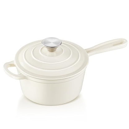 1Qt Enameled Cast Iron Sauce Pan, Leonyo Dutch Oven Pot with Lid, Non Stick Cooking Simmer Pots Induction Kitchen Cookware for All Cooktops Baking Bread, Soup, Ramen - Up to 500°F, Cream White