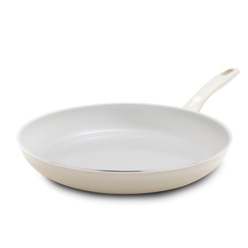 GreenPan Dover 12” Frying Pan Skillet, Non-Toxic PFAS-Free PFOA-Free Ceramic Nonstick Coating, Sear Saute Fry Egg Omlete, Dishwasher & Oven Safe, Stay Cool Handle, Easy Pour Rims, Cream White