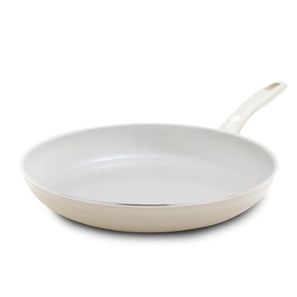 GreenPan Dover 12” Frying Pan Skillet, Non-Toxic PFAS-Free PFOA-Free Ceramic Nonstick Coating, Sear Saute Fry Egg Omlete, Dishwasher & Oven Safe, Stay Cool Handle, Easy Pour Rims, Cream White