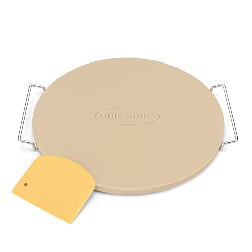 Unicook 12 Inch Round Pizza Stone for Oven and Grill, Cordierite Bread Baking Stone, Baking Crispy Pizzas, Bread and Cookies, Includes Carry Rack and Dough Scraper