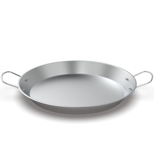 Stainless Steel Paella Pan with Handles, 18.5in Round Grill Griddle for TIKI Solo Stove Cuisinart Fire Pit Kamado Charcoal Grill Weber Kettle and More, Oven and Induction Safe for Indoor & Outdoor Use
