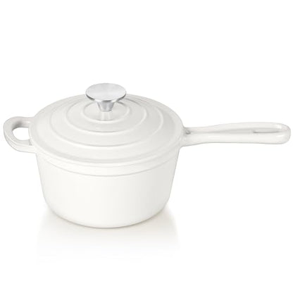 TeamFar 1QT Enameled Cast Iron Sauce Pan, Small Sauce Pot with Lid, Mini Dutch Oven Saucepan for Cooking/Simmering/Baking/Boiling, Sturdy & Nonstick, Oven Safe & Fit for Induction- White