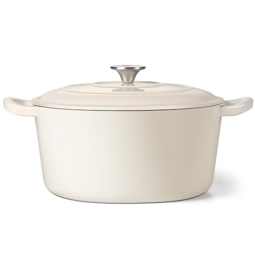 TeamFar Enameled Cast Iron Dutch Oven, 7qt Dutch Oven Pot Nonstick Cookware with Lid & Dual Handles for Bread Baking, Cooking, Oven Safe up to 500℉ & Various Stovetops, Healthy & Heavy Duty - White
