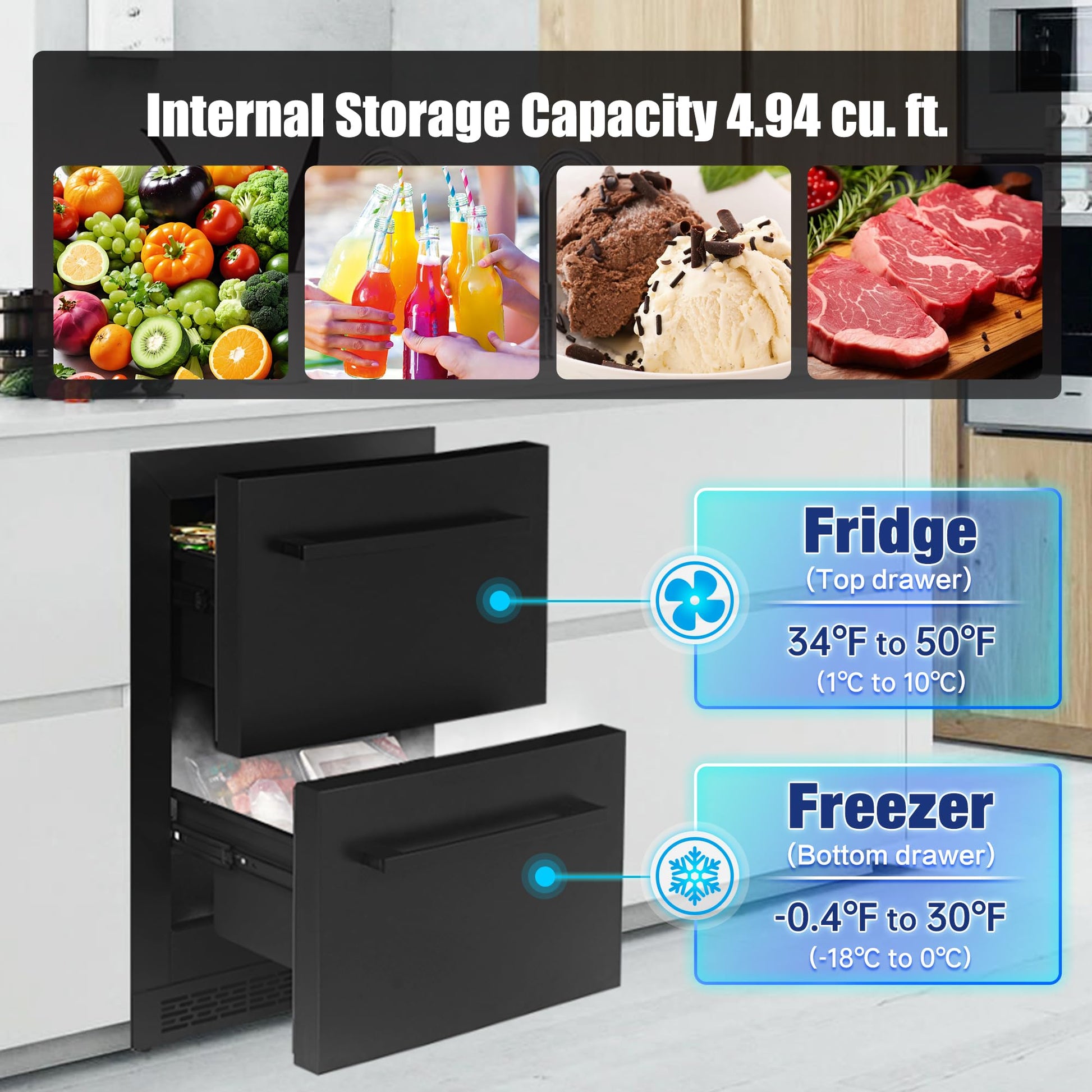 24Inch Double Drawer Refrigerator with Freezer,Under Counter Beverage Fridge for Indoor Outdoor Kitchen, Waterproof Black Stainless Steel Freezer for Freshness & Freezing Meat (-0.4℉ to 50℉) - CookCave