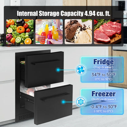 24Inch Double Drawer Refrigerator with Freezer,Under Counter Beverage Fridge for Indoor Outdoor Kitchen, Waterproof Black Stainless Steel Freezer for Freshness & Freezing Meat (-0.4℉ to 50℉) - CookCave
