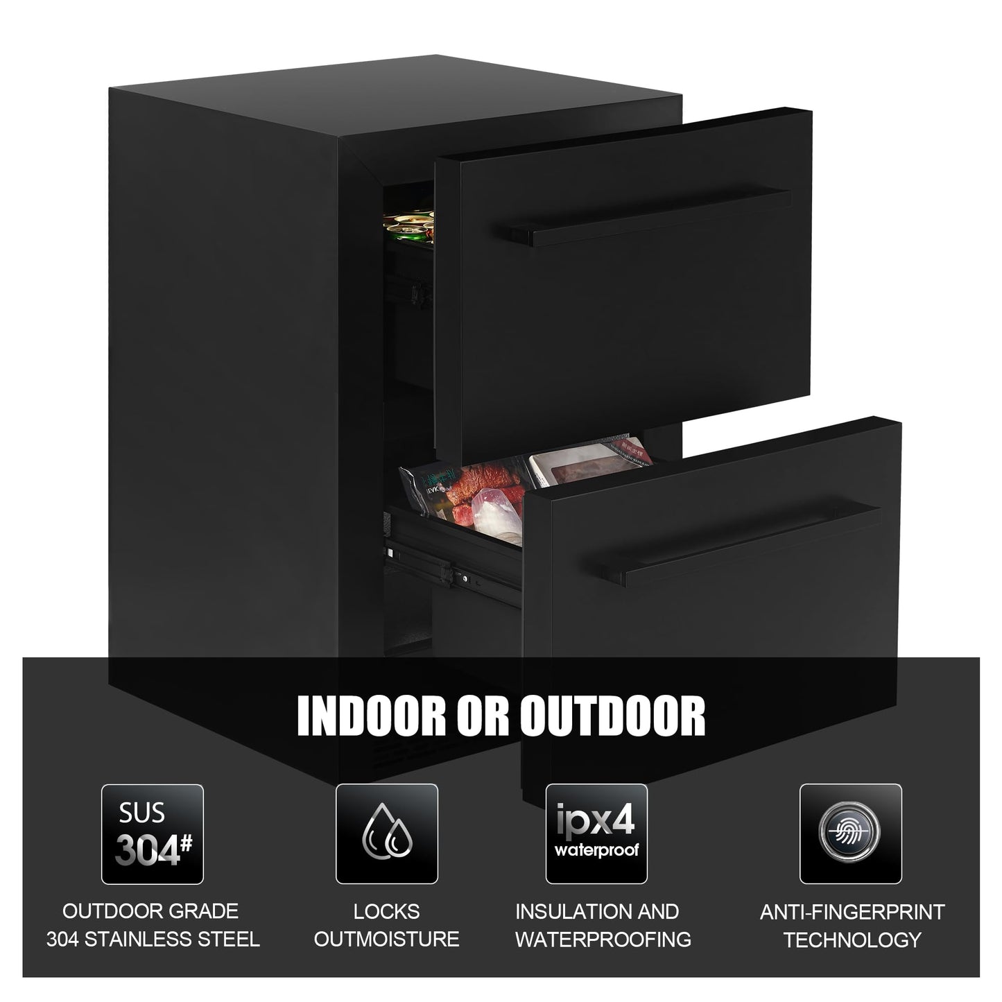 24Inch Double Drawer Refrigerator with Freezer,Under Counter Beverage Fridge for Indoor Outdoor Kitchen, Waterproof Black Stainless Steel Freezer for Freshness & Freezing Meat (-0.4℉ to 50℉) - CookCave