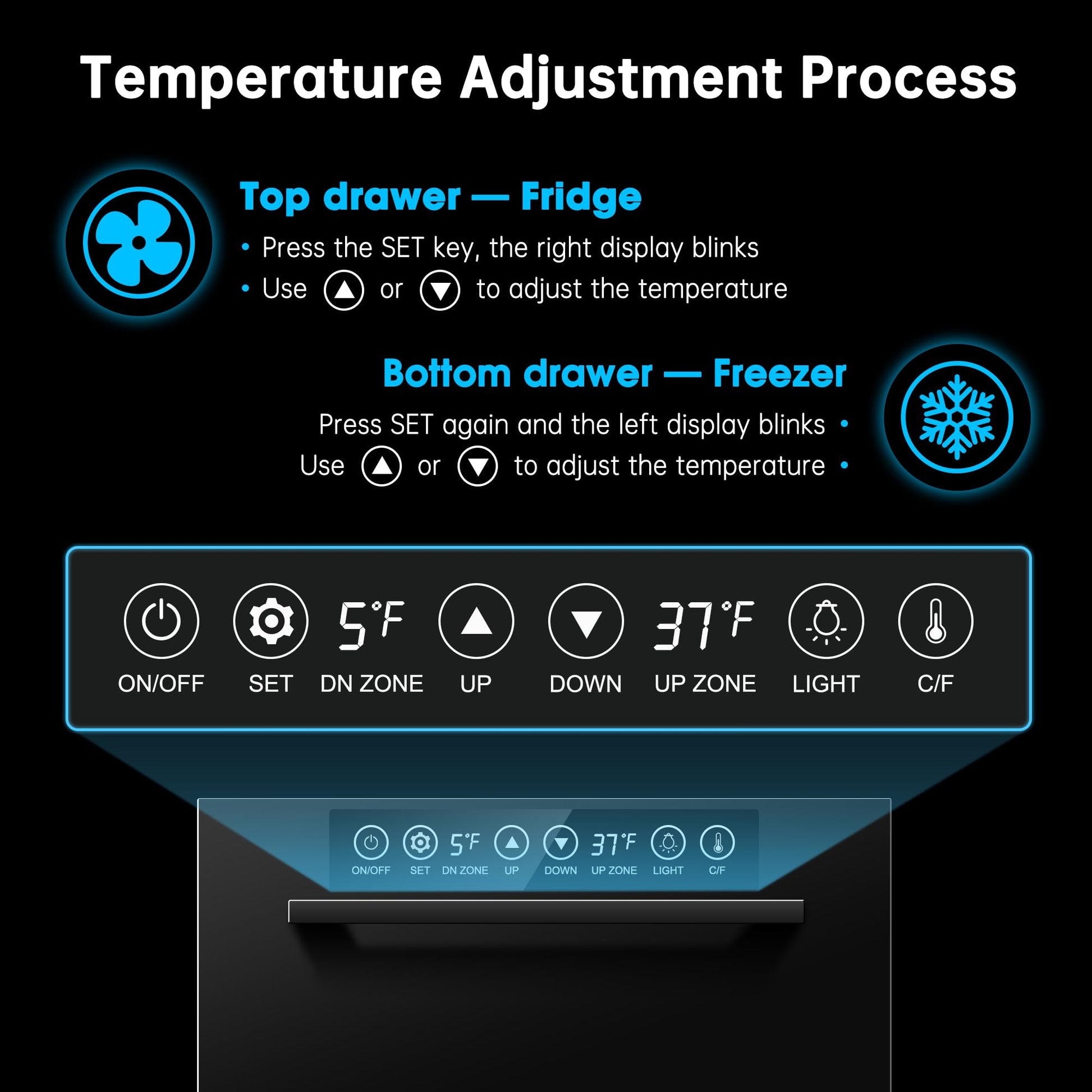 24Inch Double Drawer Refrigerator with Freezer,Under Counter Beverage Fridge for Indoor Outdoor Kitchen, Waterproof Black Stainless Steel Freezer for Freshness & Freezing Meat (-0.4℉ to 50℉) - CookCave