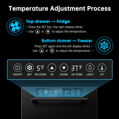 24Inch Double Drawer Refrigerator with Freezer,Under Counter Beverage Fridge for Indoor Outdoor Kitchen, Waterproof Black Stainless Steel Freezer for Freshness & Freezing Meat (-0.4℉ to 50℉) - CookCave
