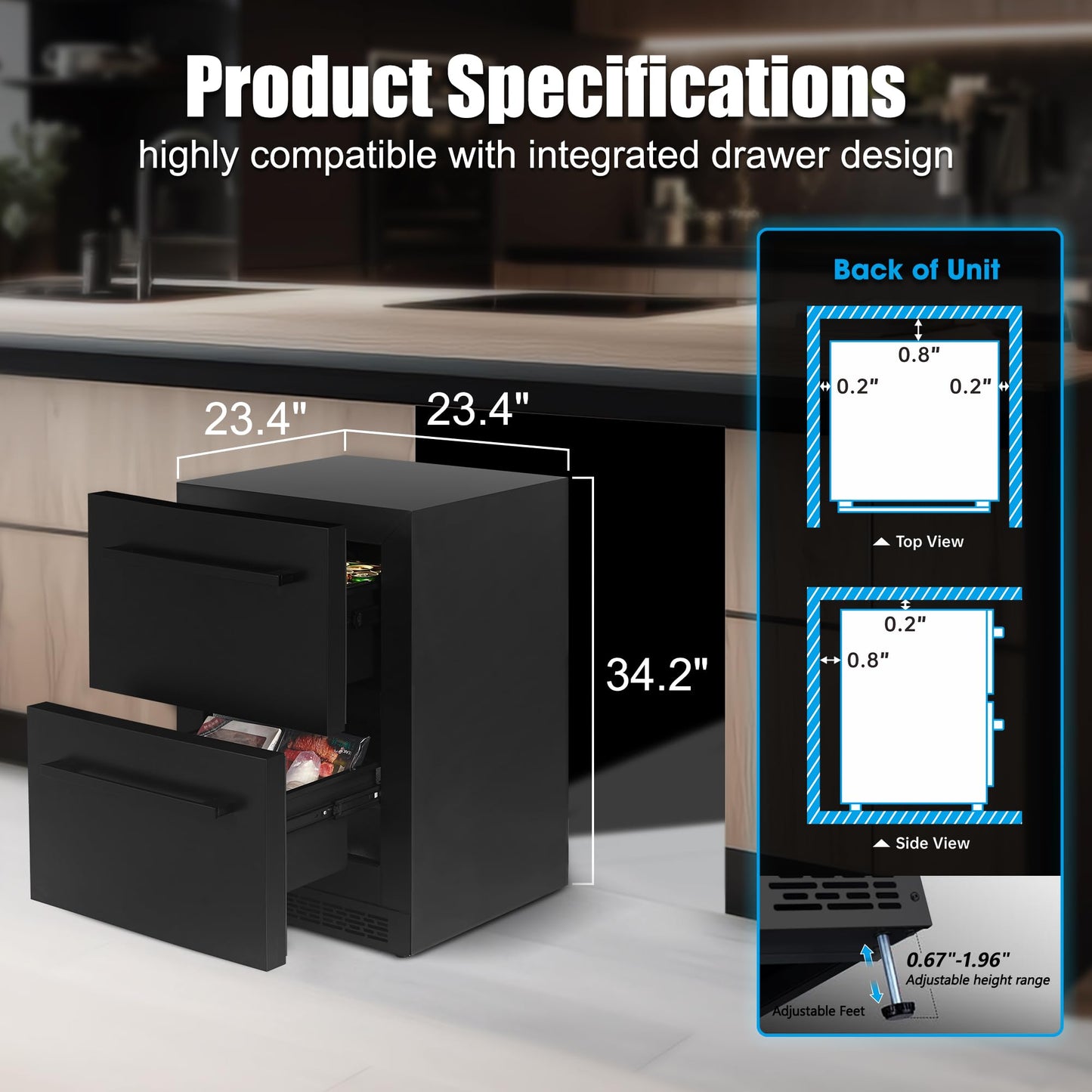 24Inch Double Drawer Refrigerator with Freezer,Under Counter Beverage Fridge for Indoor Outdoor Kitchen, Waterproof Black Stainless Steel Freezer for Freshness & Freezing Meat (-0.4℉ to 50℉) - CookCave