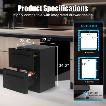 24Inch Double Drawer Refrigerator with Freezer,Under Counter Beverage Fridge for Indoor Outdoor Kitchen, Waterproof Black Stainless Steel Freezer for Freshness & Freezing Meat (-0.4℉ to 50℉) - CookCave