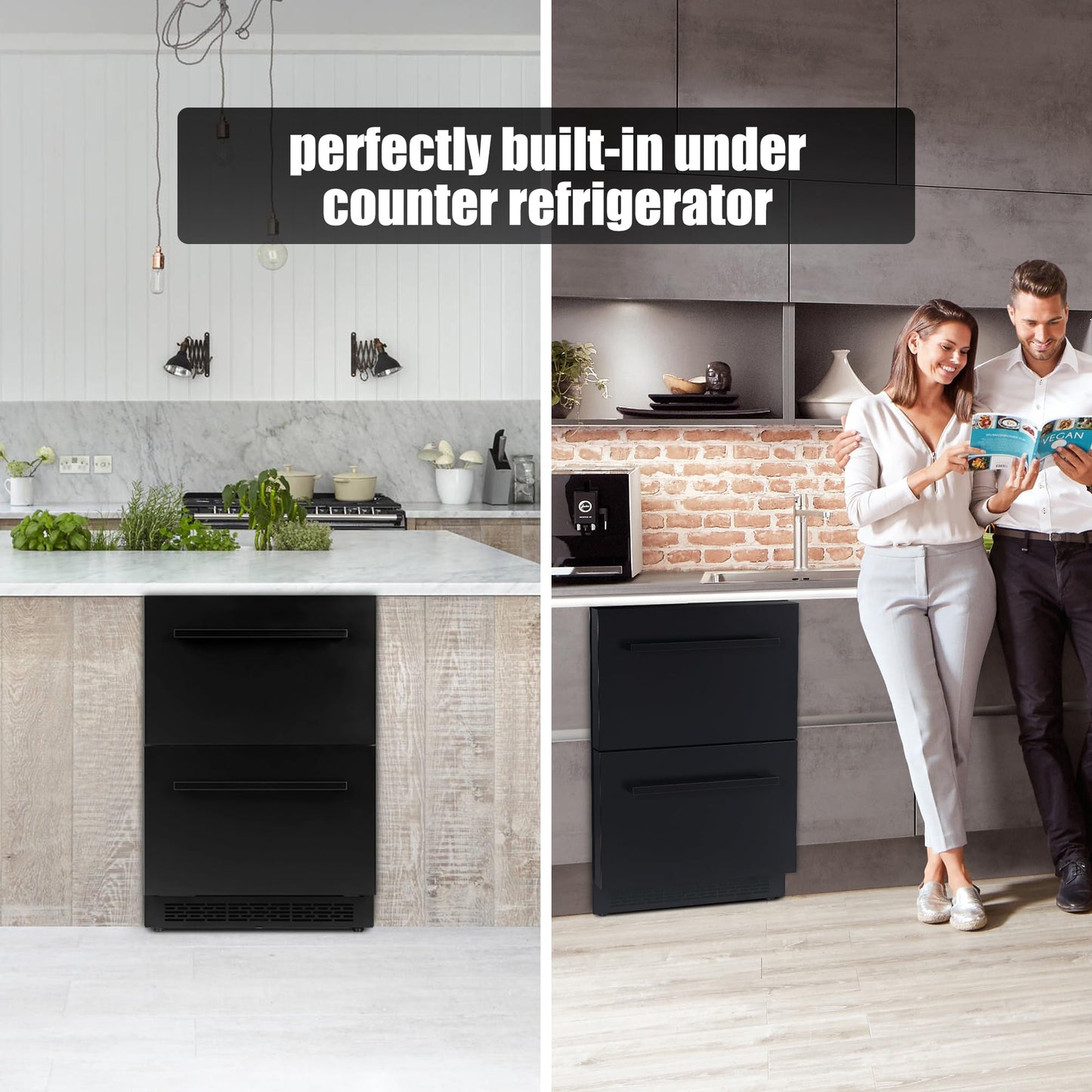 24Inch Double Drawer Refrigerator with Freezer,Under Counter Beverage Fridge for Indoor Outdoor Kitchen, Waterproof Black Stainless Steel Freezer for Freshness & Freezing Meat (-0.4℉ to 50℉) - CookCave