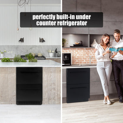 24Inch Double Drawer Refrigerator with Freezer,Under Counter Beverage Fridge for Indoor Outdoor Kitchen, Waterproof Black Stainless Steel Freezer for Freshness & Freezing Meat (-0.4℉ to 50℉) - CookCave