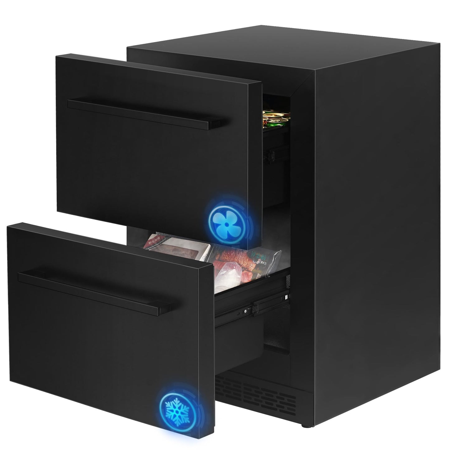 24Inch Double Drawer Refrigerator with Freezer,Under Counter Beverage Fridge for Indoor Outdoor Kitchen, Waterproof Black Stainless Steel Freezer for Freshness & Freezing Meat (-0.4℉ to 50℉) - CookCave