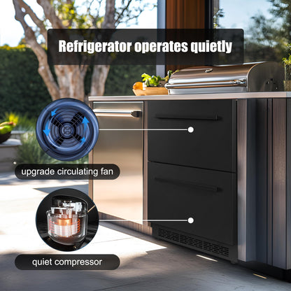 24Inch Double Drawer Refrigerator with Freezer,Under Counter Beverage Fridge for Indoor Outdoor Kitchen, Waterproof Black Stainless Steel Freezer for Freshness & Freezing Meat (-0.4℉ to 50℉) - CookCave