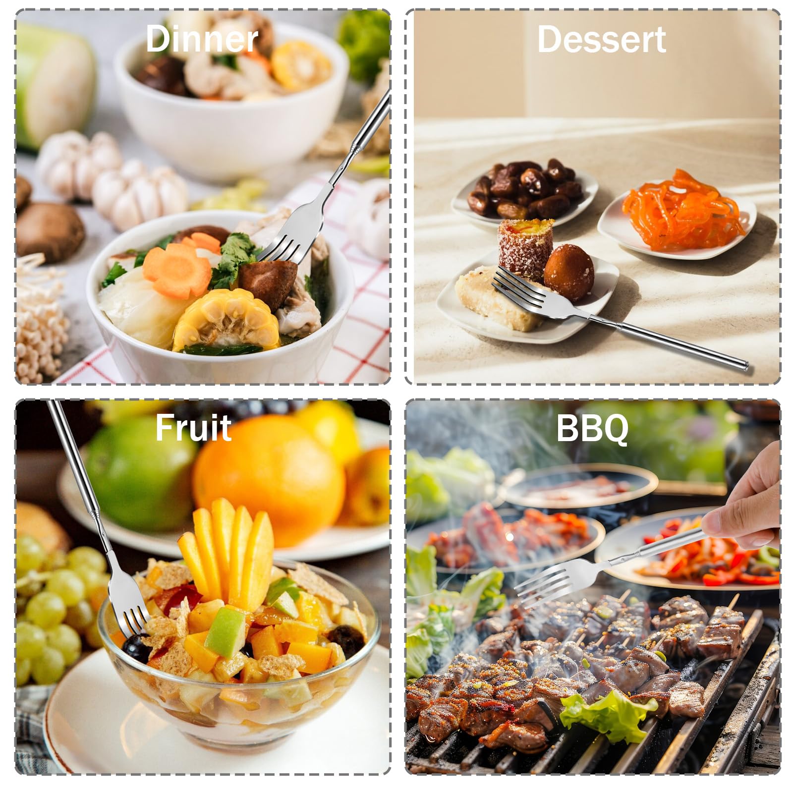 2Pcs Extendable Forks 8.7 to 25.6 Inch Adjustable Telescopic Fork, Stainless Steel Long Fork Retractable Dinner Fork for Fruit Dessert BBQ - CookCave