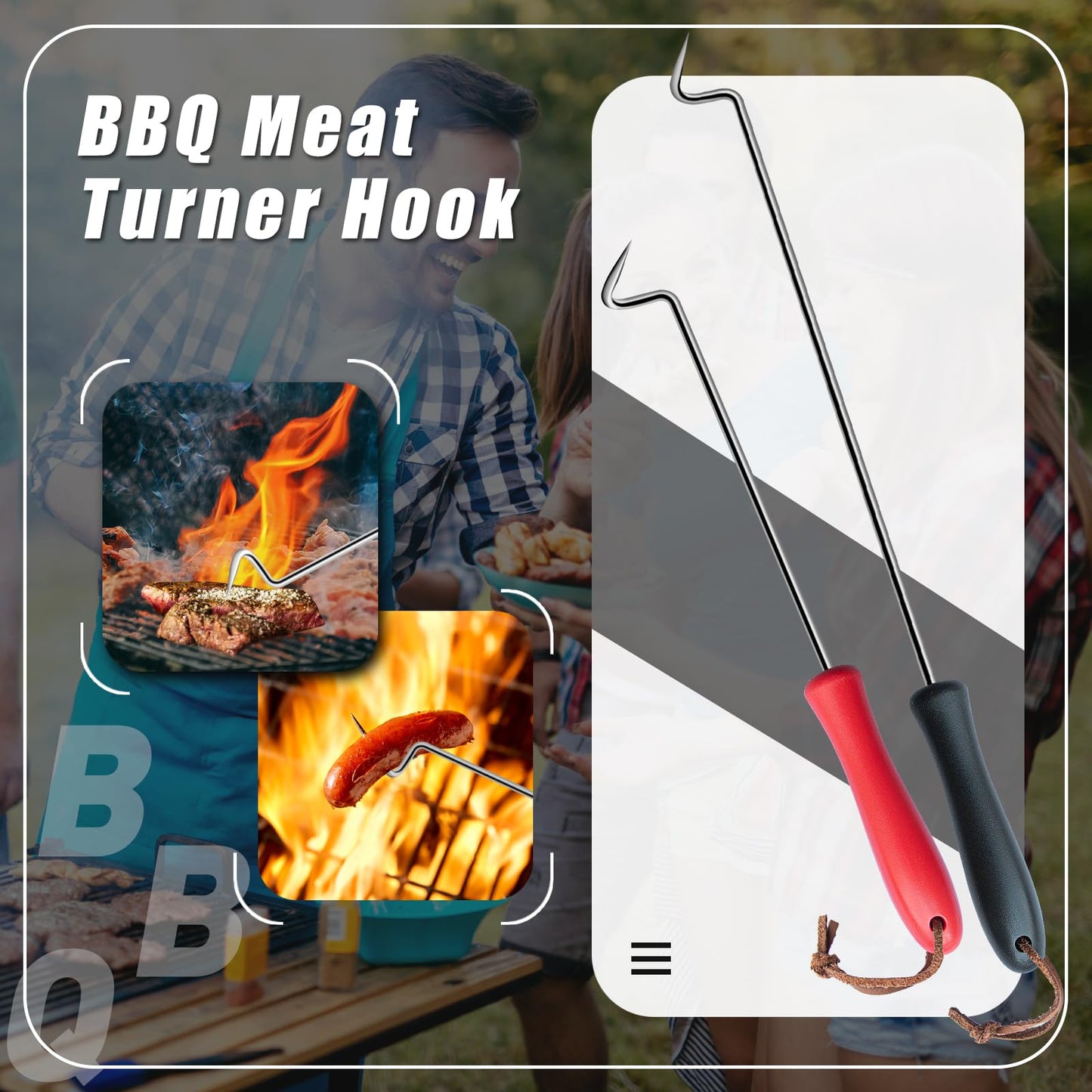 2Pcs Food Flipper Turner Hooks Stainless Steel BBQ Meat Hooks Cooking Barbecue Turners Hooks Grill Accessories with Handle for Grilling & Smoking - CookCave