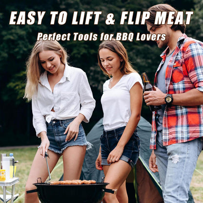 2Pcs Food Flipper Turner Hooks Stainless Steel BBQ Meat Hooks Cooking Barbecue Turners Hooks Grill Accessories with Handle for Grilling & Smoking - CookCave