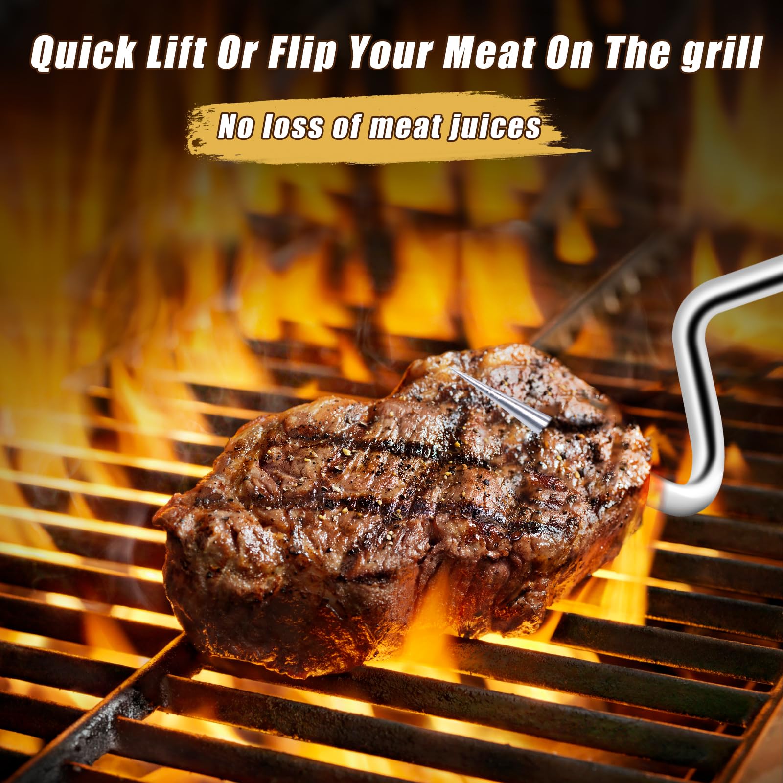 2Pcs Food Flipper Turner Hooks Stainless Steel BBQ Meat Hooks Cooking Barbecue Turners Hooks Grill Accessories with Handle for Grilling & Smoking - CookCave