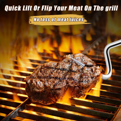 2Pcs Food Flipper Turner Hooks Stainless Steel BBQ Meat Hooks Cooking Barbecue Turners Hooks Grill Accessories with Handle for Grilling & Smoking - CookCave