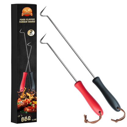 2Pcs Food Flipper Turner Hooks Stainless Steel BBQ Meat Hooks Cooking Barbecue Turners Hooks Grill Accessories with Handle for Grilling & Smoking - CookCave
