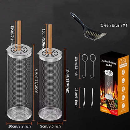 2PCS Grill Baskets,304 Stainless Steel BBQ Grill Basket with Detachable Wood Handle, Nesting Non-Stick Grilling Mesh for Vegetables, Seafood, Shrimp Durable Camping & Outdoor Cooking Accessories, Grill Gifts for Family - CookCave