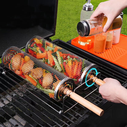 2PCS Grill Baskets,304 Stainless Steel BBQ Grill Basket with Detachable Wood Handle, Nesting Non-Stick Grilling Mesh for Vegetables, Seafood, Shrimp Durable Camping & Outdoor Cooking Accessories, Grill Gifts for Family - CookCave