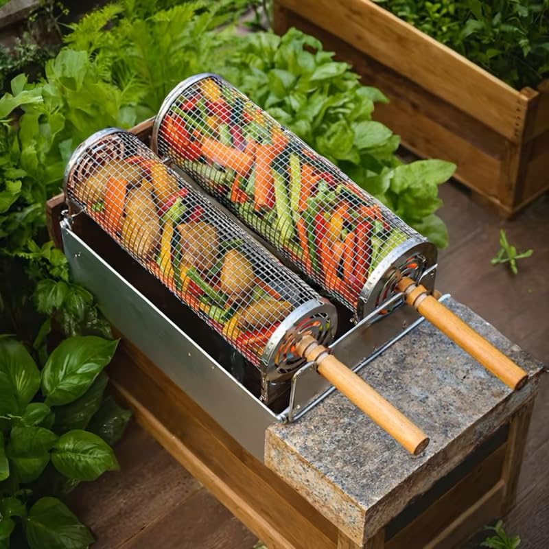 2PCS Grill Baskets,304 Stainless Steel BBQ Grill Basket with Detachable Wood Handle, Nesting Non-Stick Grilling Mesh for Vegetables, Seafood, Shrimp Durable Camping & Outdoor Cooking Accessories, Grill Gifts for Family - CookCave