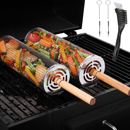 2PCS Grill Baskets,304 Stainless Steel BBQ Grill Basket with Detachable Wood Handle, Nesting Non-Stick Grilling Mesh for Vegetables, Seafood, Shrimp Durable Camping & Outdoor Cooking Accessories, Grill Gifts for Family - CookCave