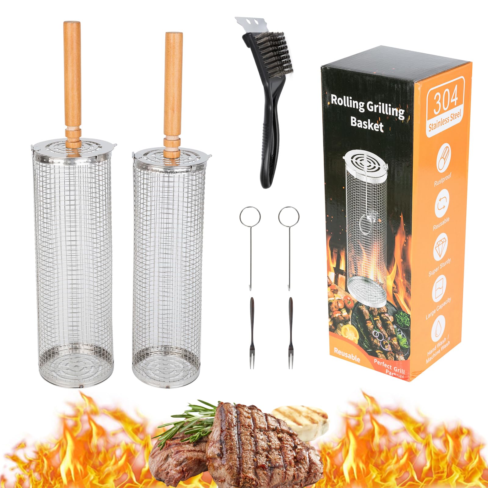 2PCS Grill Baskets,304 Stainless Steel BBQ Grill Basket with Detachable Wood Handle, Nesting Non-Stick Grilling Mesh for Vegetables, Seafood, Shrimp Durable Camping & Outdoor Cooking Accessories, Grill Gifts for Family - CookCave