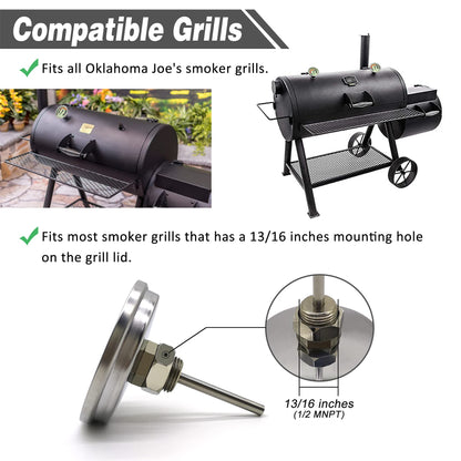 3 1/8” Accurate Luminous BBQ Thermometer Gauge for Oklahoma Joe’s Smokers 3695528R06 & Most Charcoal Pellet Wood Pit Smoker Grills, 1/2 NPT Male Thread Temperature Gauge Replacement, Grill Thermostat - CookCave