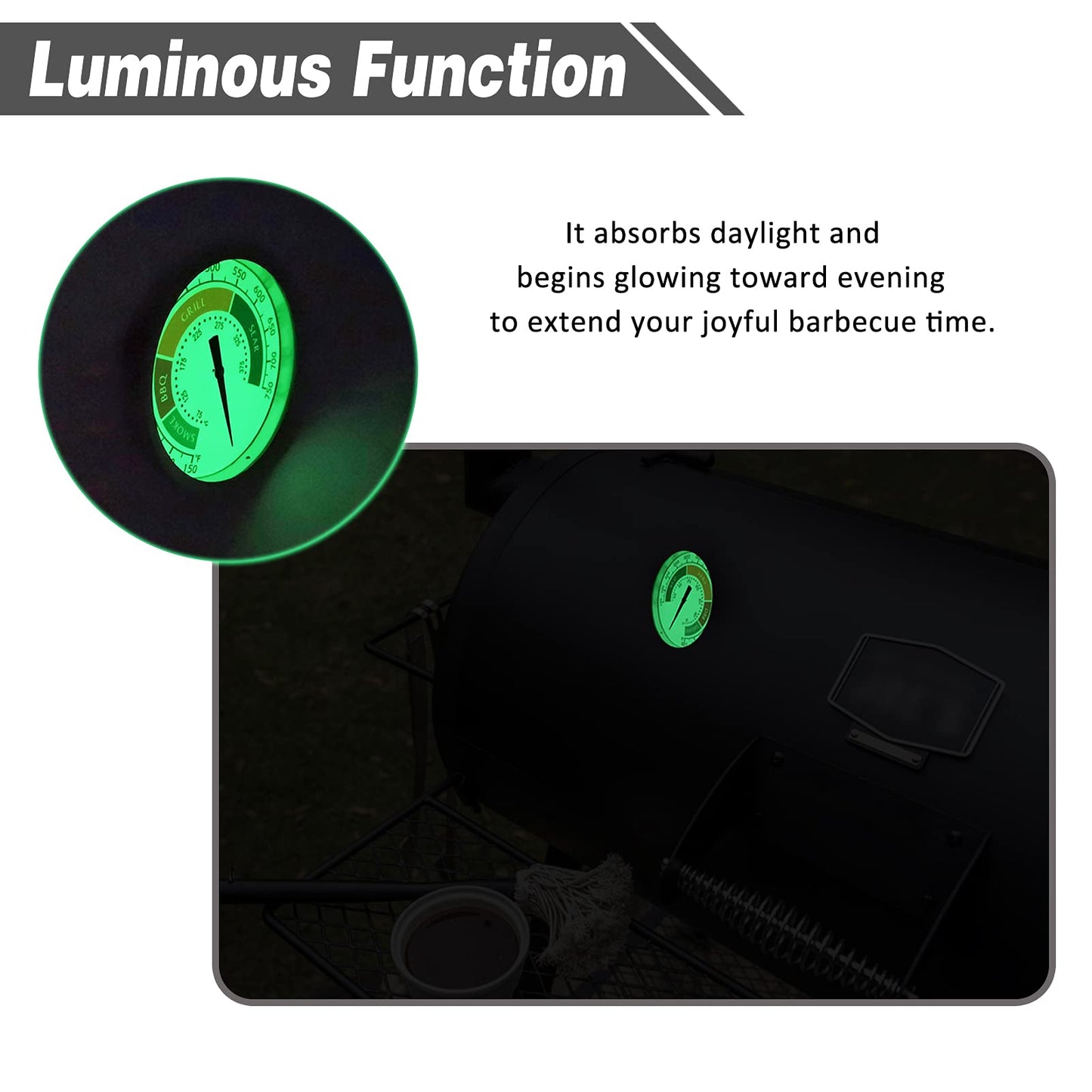 3 1/8” Accurate Luminous BBQ Thermometer Gauge for Oklahoma Joe’s Smokers 3695528R06 & Most Charcoal Pellet Wood Pit Smoker Grills, 1/2 NPT Male Thread Temperature Gauge Replacement, Grill Thermostat - CookCave