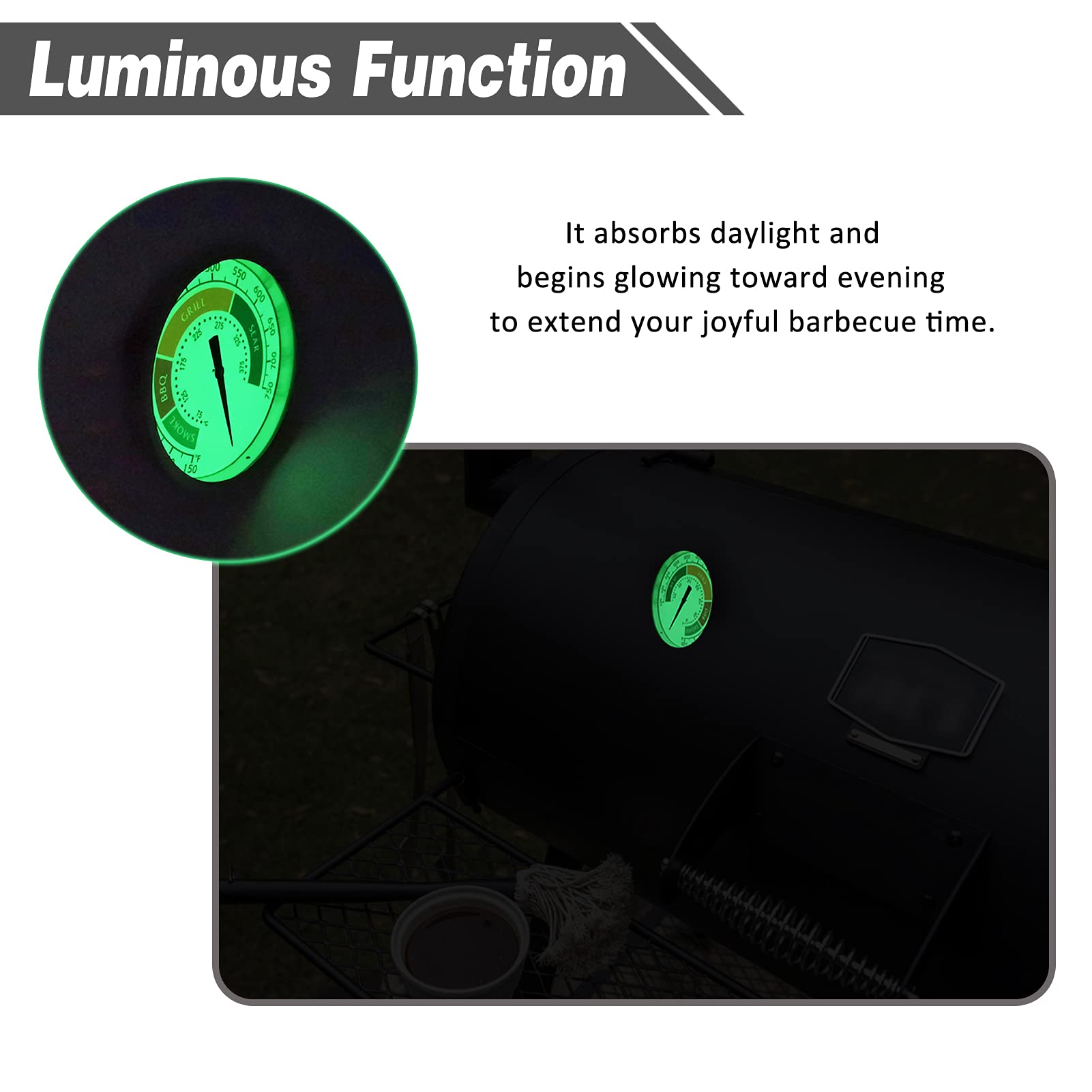 3 1/8” Accurate Luminous BBQ Thermometer Gauge for Oklahoma Joe’s Smokers 3695528R06 & Most Charcoal Pellet Wood Pit Smoker Grills, 1/2 NPT Male Thread Temperature Gauge Replacement, Grill Thermostat - CookCave