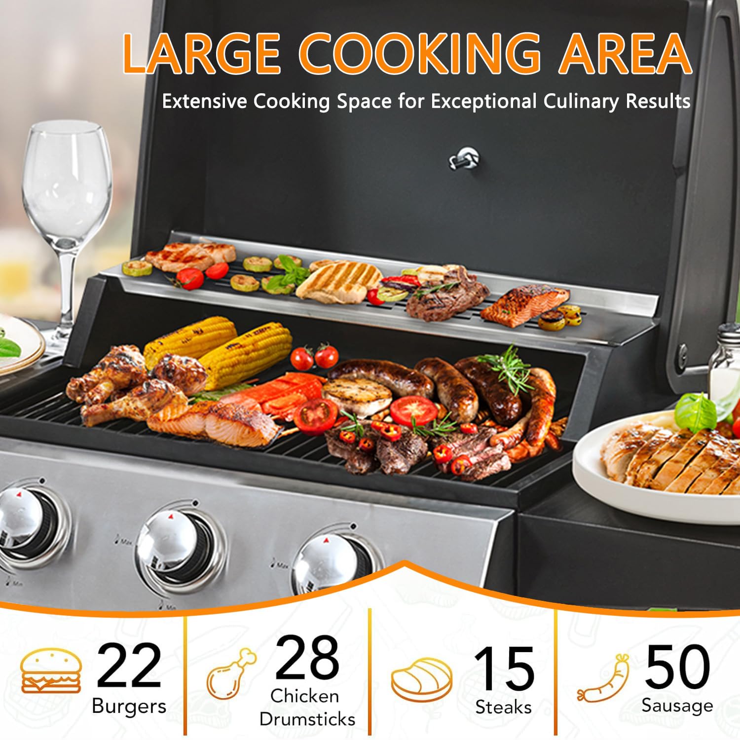 3-Burner Propane Gas BBQ Grill, Stainless Steel Propane Grill 36,900 BTU Outdoor Cabinet Style with Wheels, Wire Rack and Two Foldable Side Table for Outdoor Barbecue Cooking (3-Burner Grill,Silver) - CookCave