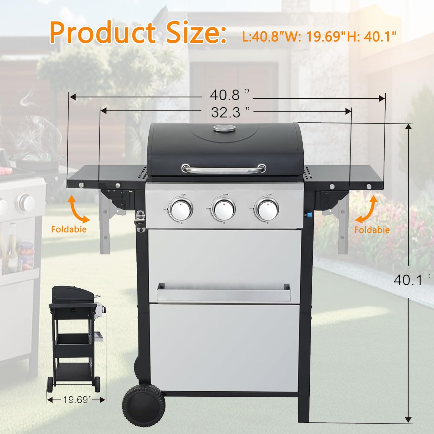 3-Burner Propane Gas BBQ Grill, Stainless Steel Propane Grill 36,900 BTU Outdoor Cabinet Style with Wheels, Wire Rack and Two Foldable Side Table for Outdoor Barbecue Cooking (3-Burner Grill,Silver) - CookCave