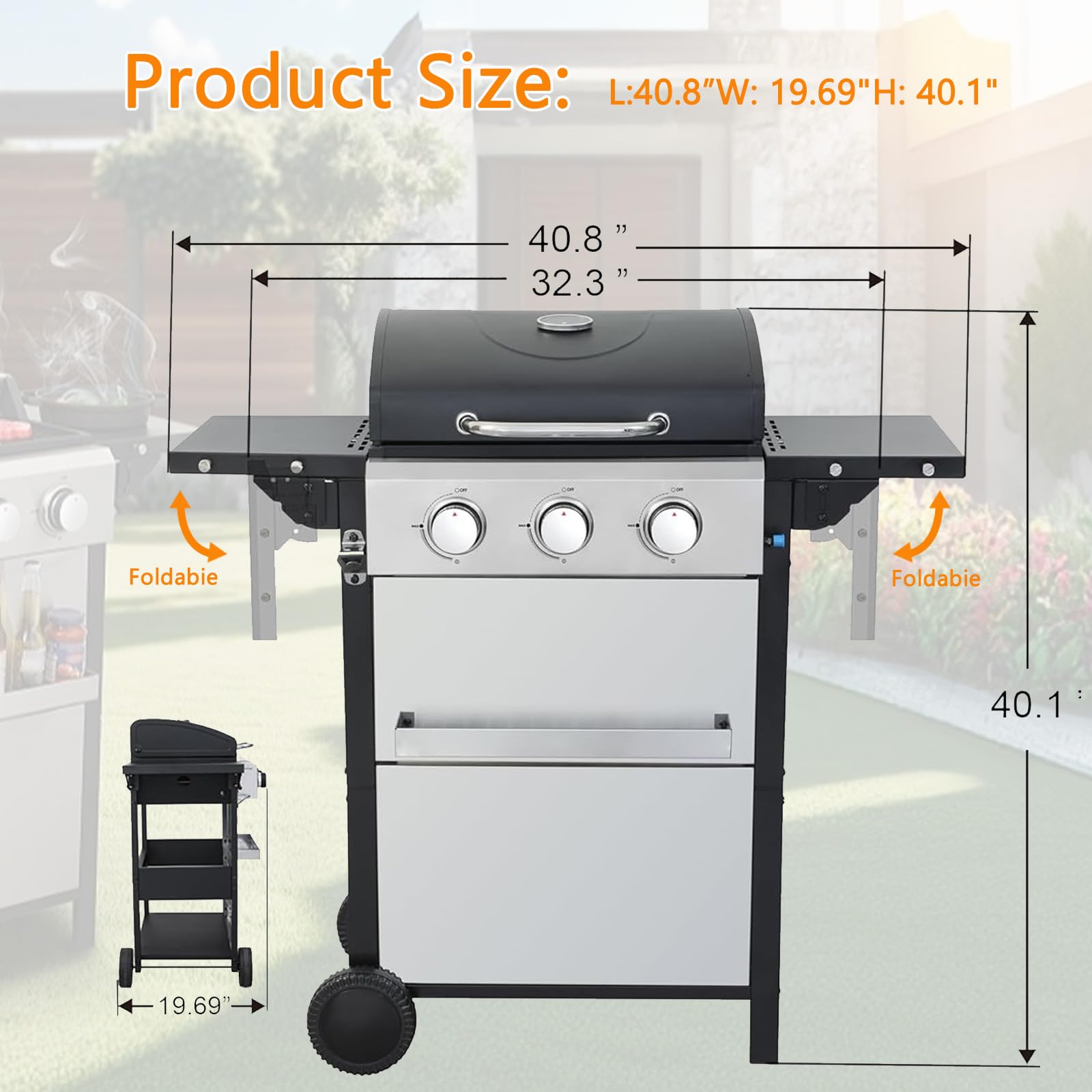 3-Burner Propane Gas BBQ Grill, Stainless Steel Propane Grill 36,900 BTU Outdoor Cabinet Style with Wheels, Wire Rack and Two Foldable Side Table for Outdoor Barbecue Cooking (3-Burner Grill,Silver) - CookCave