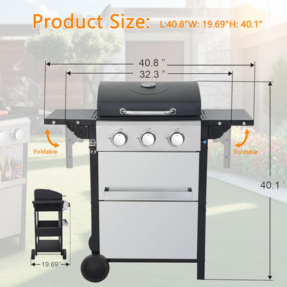 3-Burner Propane Gas BBQ Grill, Stainless Steel Propane Grill 36,900 BTU Outdoor Cabinet Style with Wheels, Wire Rack and Two Foldable Side Table for Outdoor Barbecue Cooking (3-Burner Grill,Silver) - CookCave
