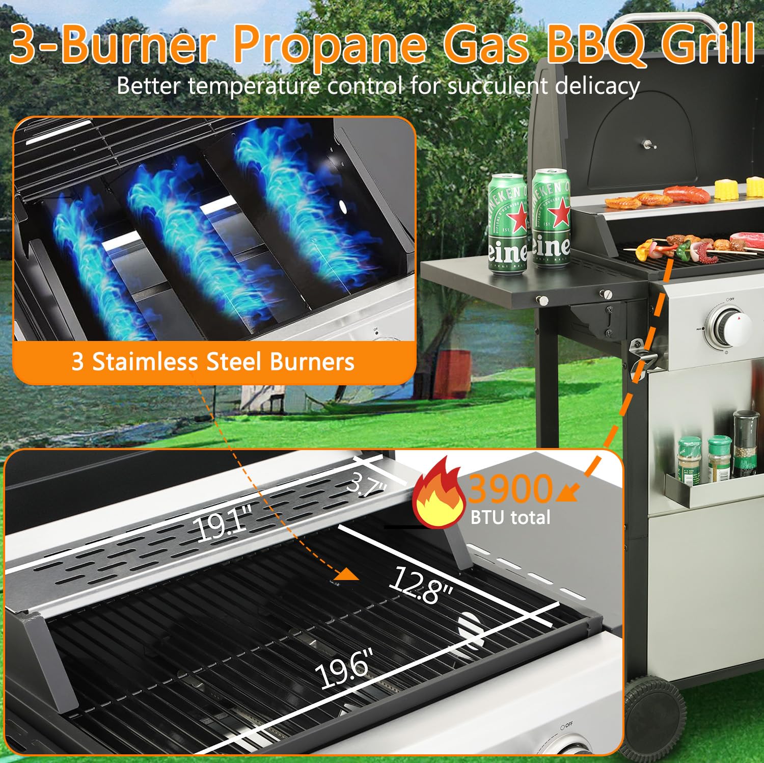 3-Burner Propane Gas BBQ Grill, Stainless Steel Propane Grill 36,900 BTU Outdoor Cabinet Style with Wheels, Wire Rack and Two Foldable Side Table for Outdoor Barbecue Cooking (3-Burner Grill,Silver) - CookCave