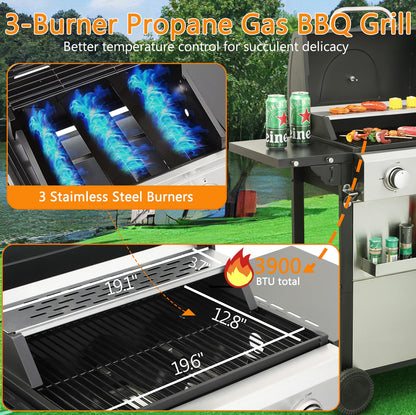 3-Burner Propane Gas BBQ Grill, Stainless Steel Propane Grill 36,900 BTU Outdoor Cabinet Style with Wheels, Wire Rack and Two Foldable Side Table for Outdoor Barbecue Cooking (3-Burner Grill,Silver) - CookCave