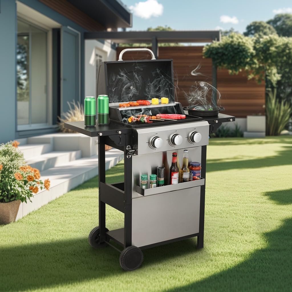 3-Burner Propane Gas BBQ Grill, Stainless Steel Propane Grill 36,900 BTU Outdoor Cabinet Style with Wheels, Wire Rack and Two Foldable Side Table for Outdoor Barbecue Cooking (3-Burner Grill,Silver) - CookCave