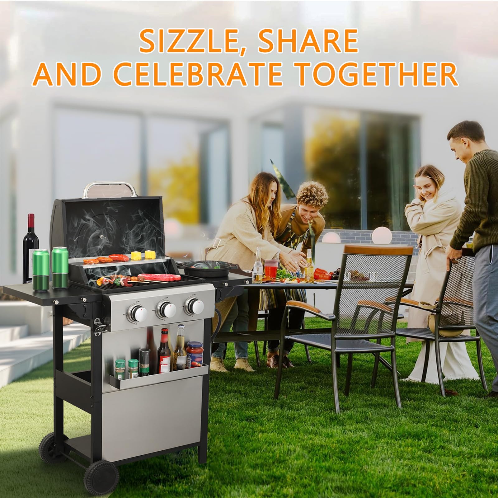 3-Burner Propane Gas BBQ Grill, Stainless Steel Propane Grill 36,900 BTU Outdoor Cabinet Style with Wheels, Wire Rack and Two Foldable Side Table for Outdoor Barbecue Cooking (3-Burner Grill,Silver) - CookCave