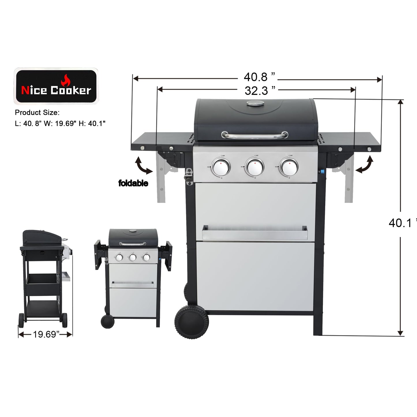 3-Burner Propane Gas Grill with 2 Foldable Side Tables, 25,650 BTU Outdoor BBQ Grill with Porcelain-Enameled Flame Tamers, Built-in Thermometer, Easy Assembly for Patio, Backyard BBQ - CookCave