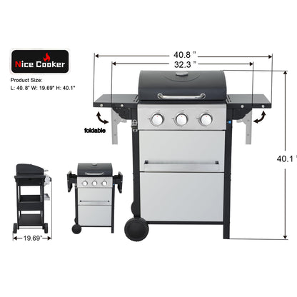 3-Burner Propane Gas Grill with 2 Foldable Side Tables, 25,650 BTU Outdoor BBQ Grill with Porcelain-Enameled Flame Tamers, Built-in Thermometer, Easy Assembly for Patio, Backyard BBQ - CookCave